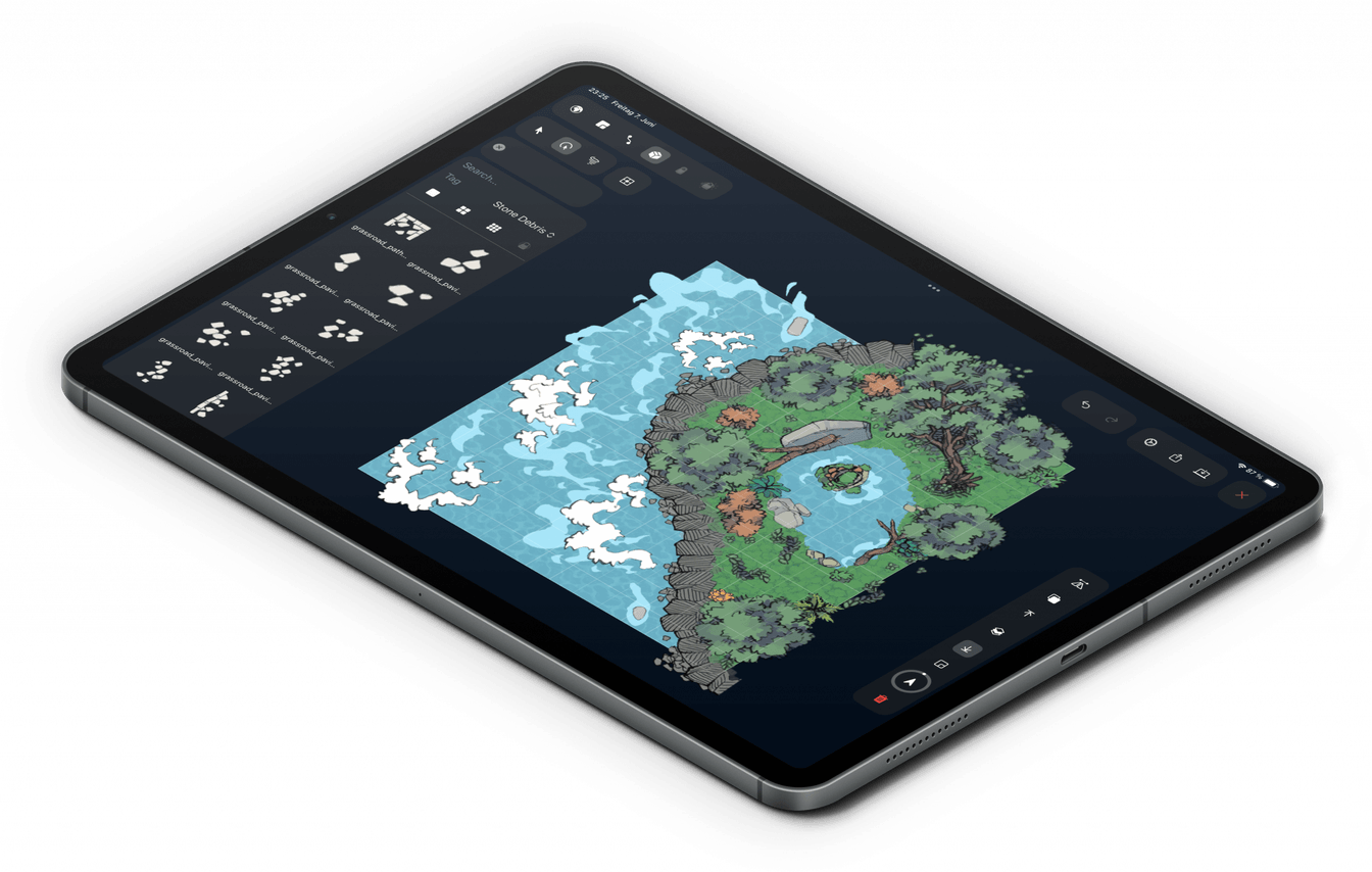 MapMe DnD map maker on iPad — a dungeon battle map being drawn with Apple Pencil
