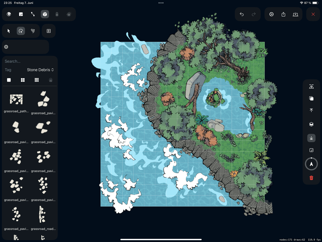 MapMe dungeon map maker running on iPad — a D&D battle map being drawn