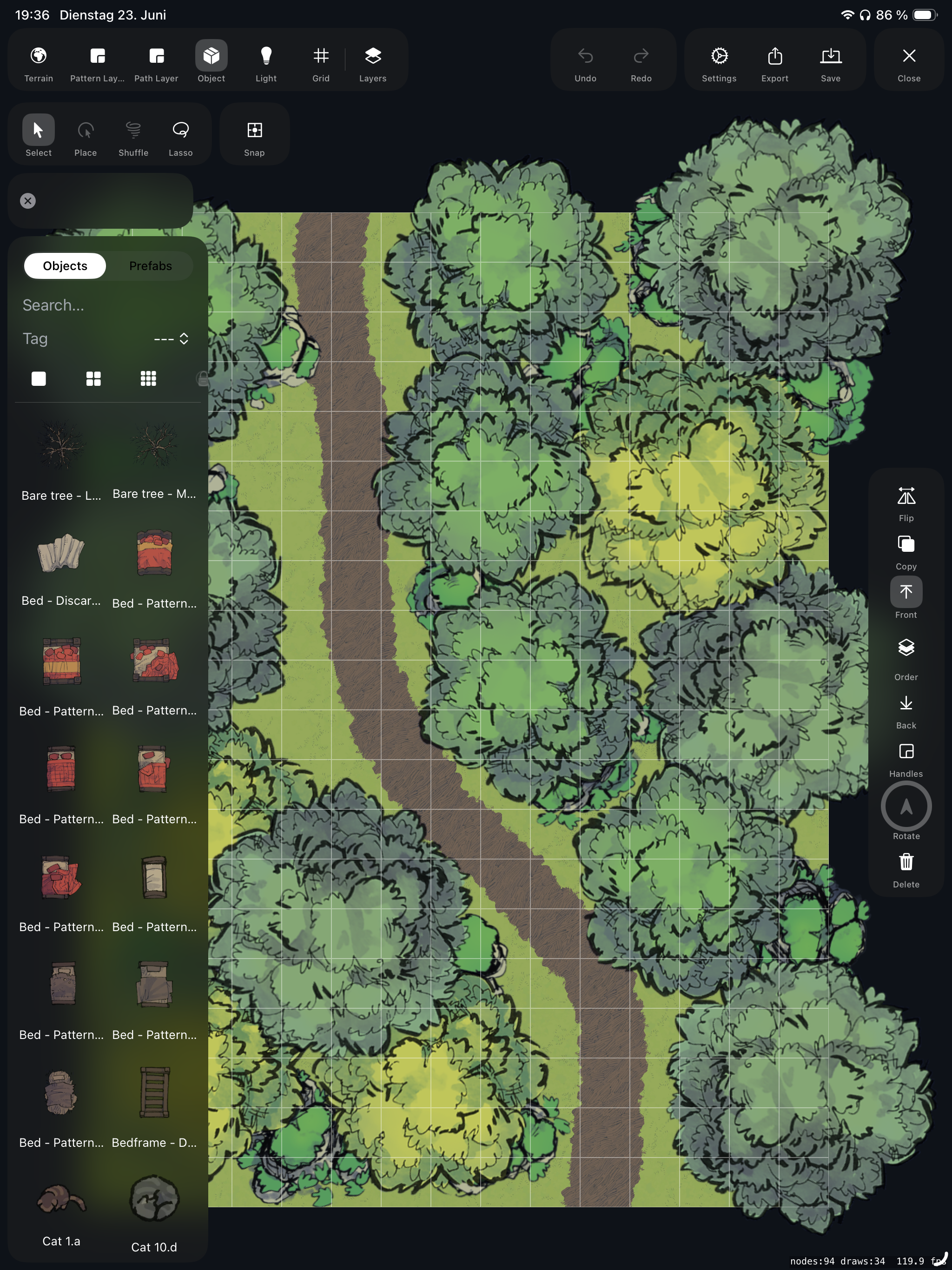 MapMe object browser panel open alongside a forest road map