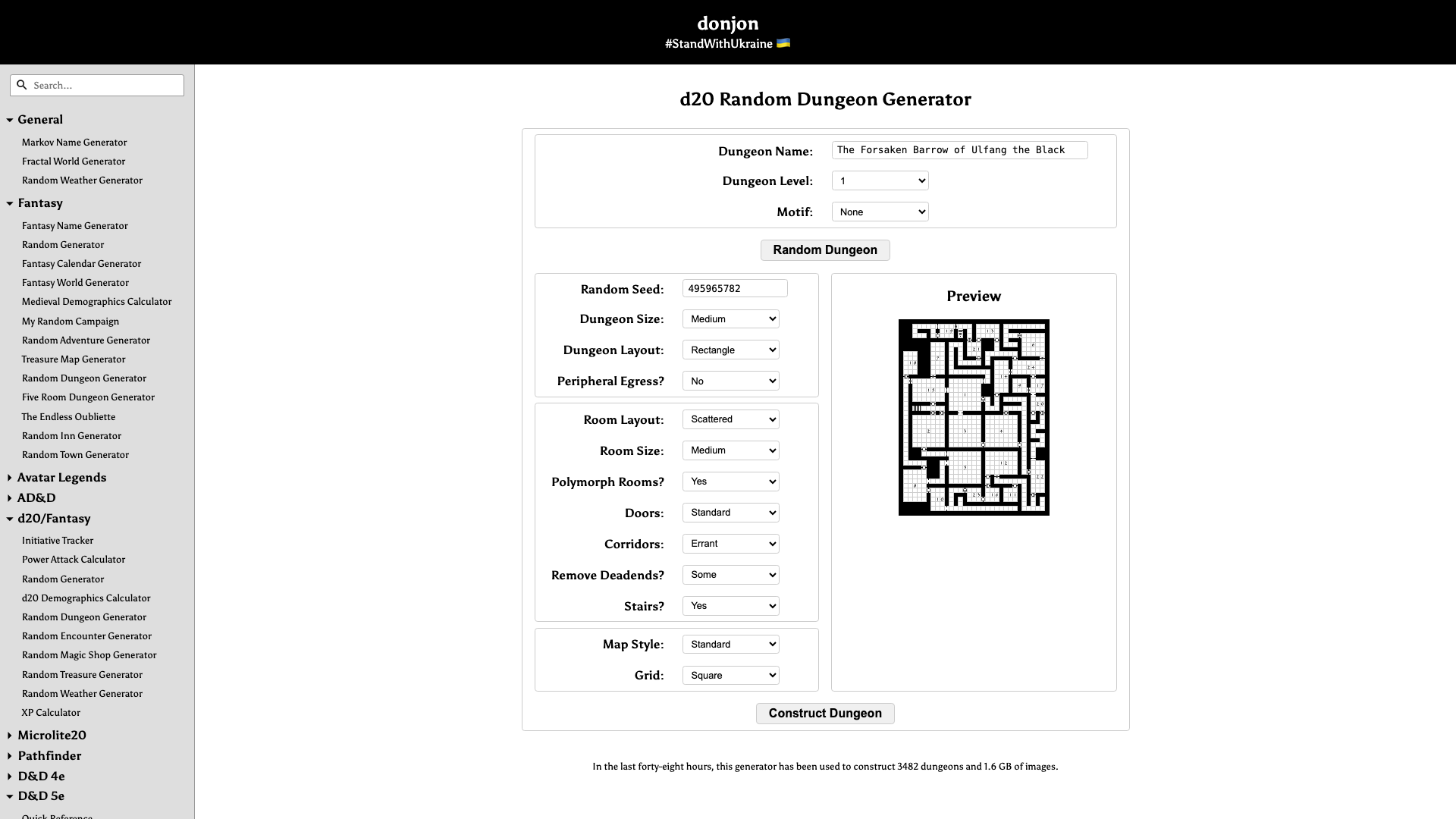 Screenshot of donjon; d20 Random Dungeon Generator