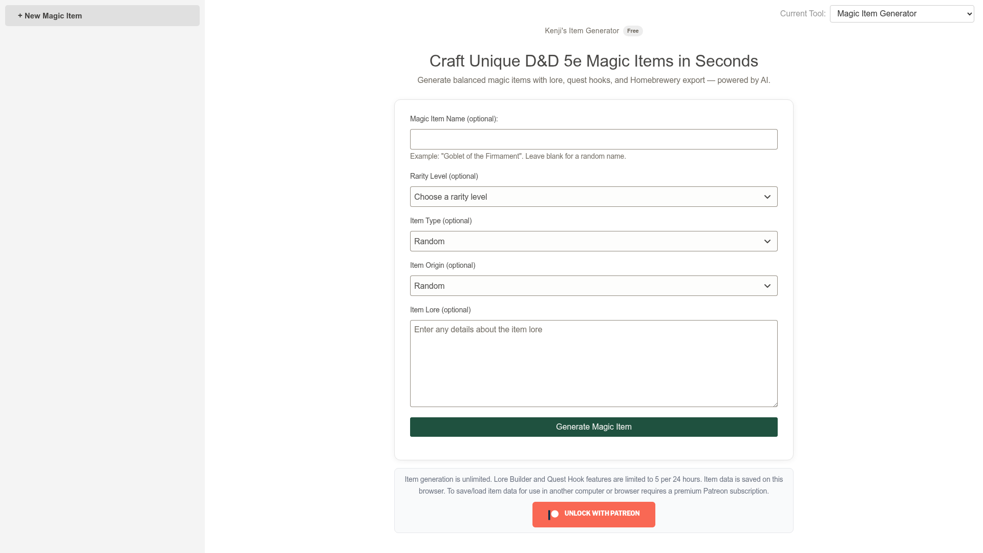 Screenshot of D&D 5e Magic Item Generator