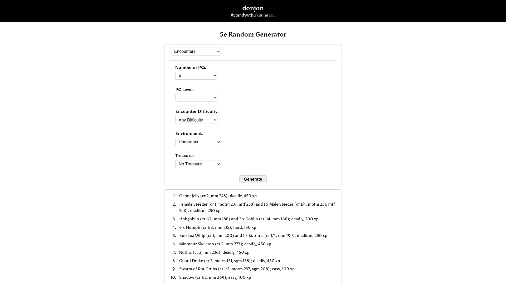 Screenshot of donjon; 5e Random Generator