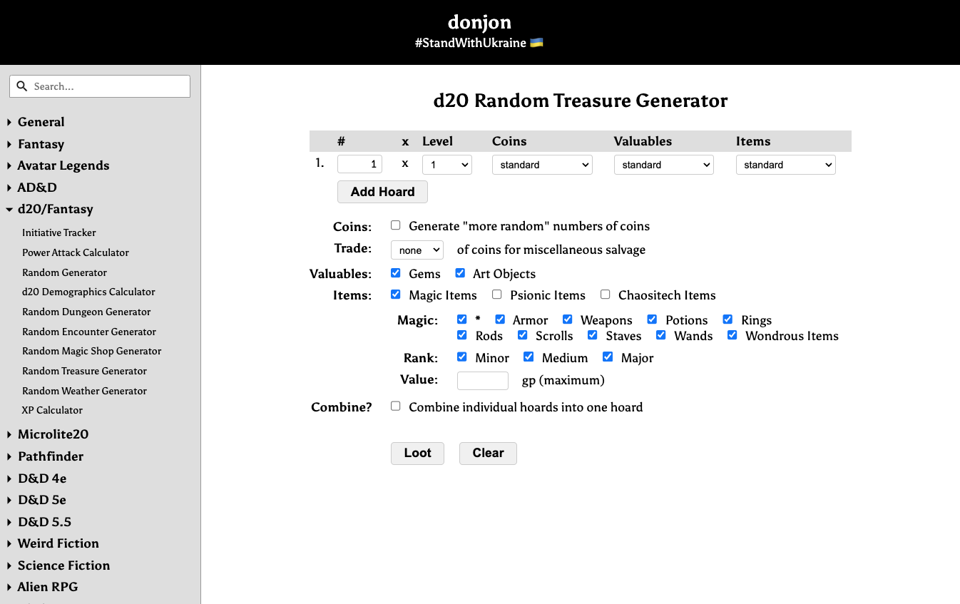 Screenshot of donjon; d20 Random Treasure Generator