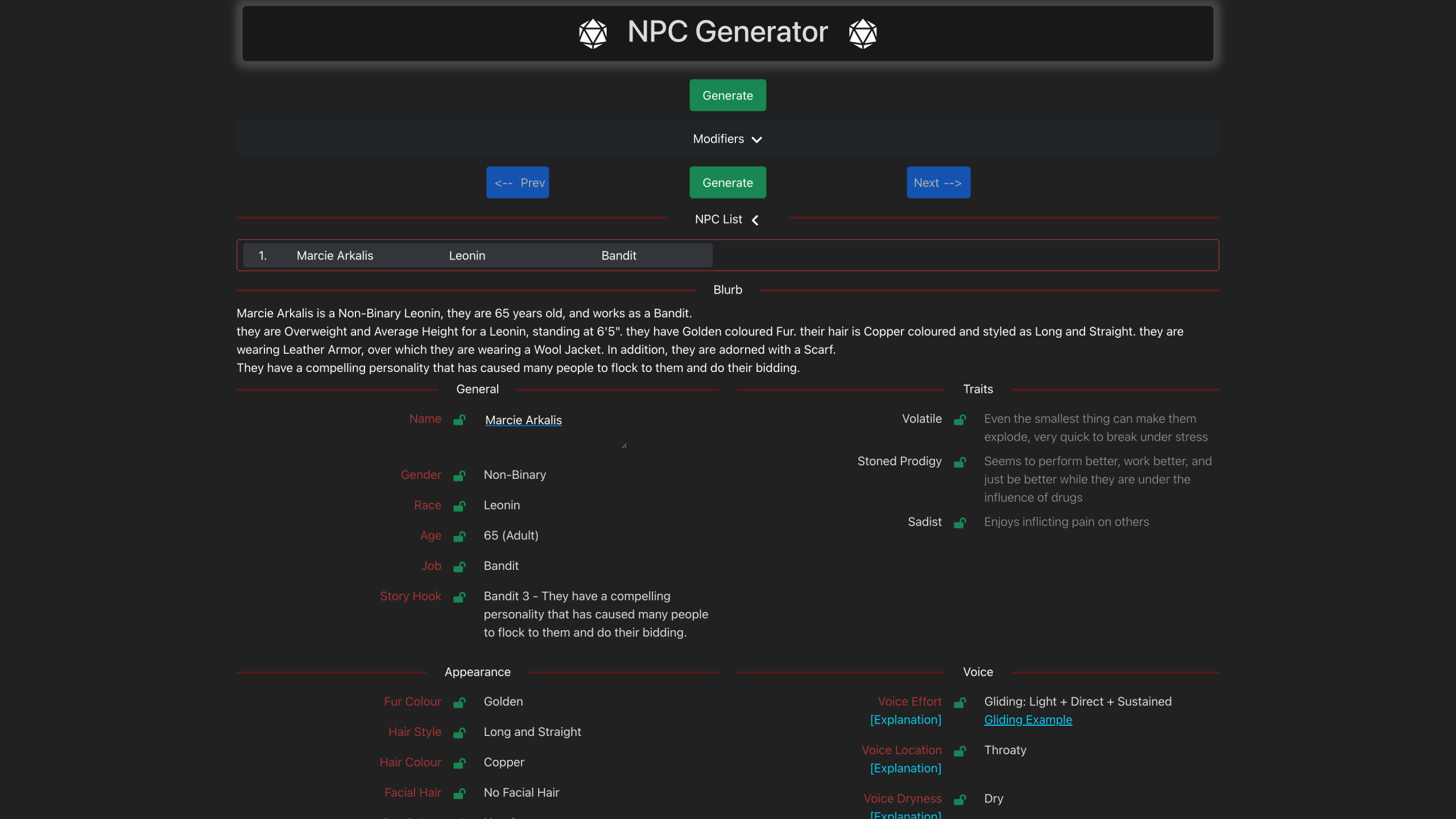 Screenshot of Fantasy NPC Generator with 5E Stat Block