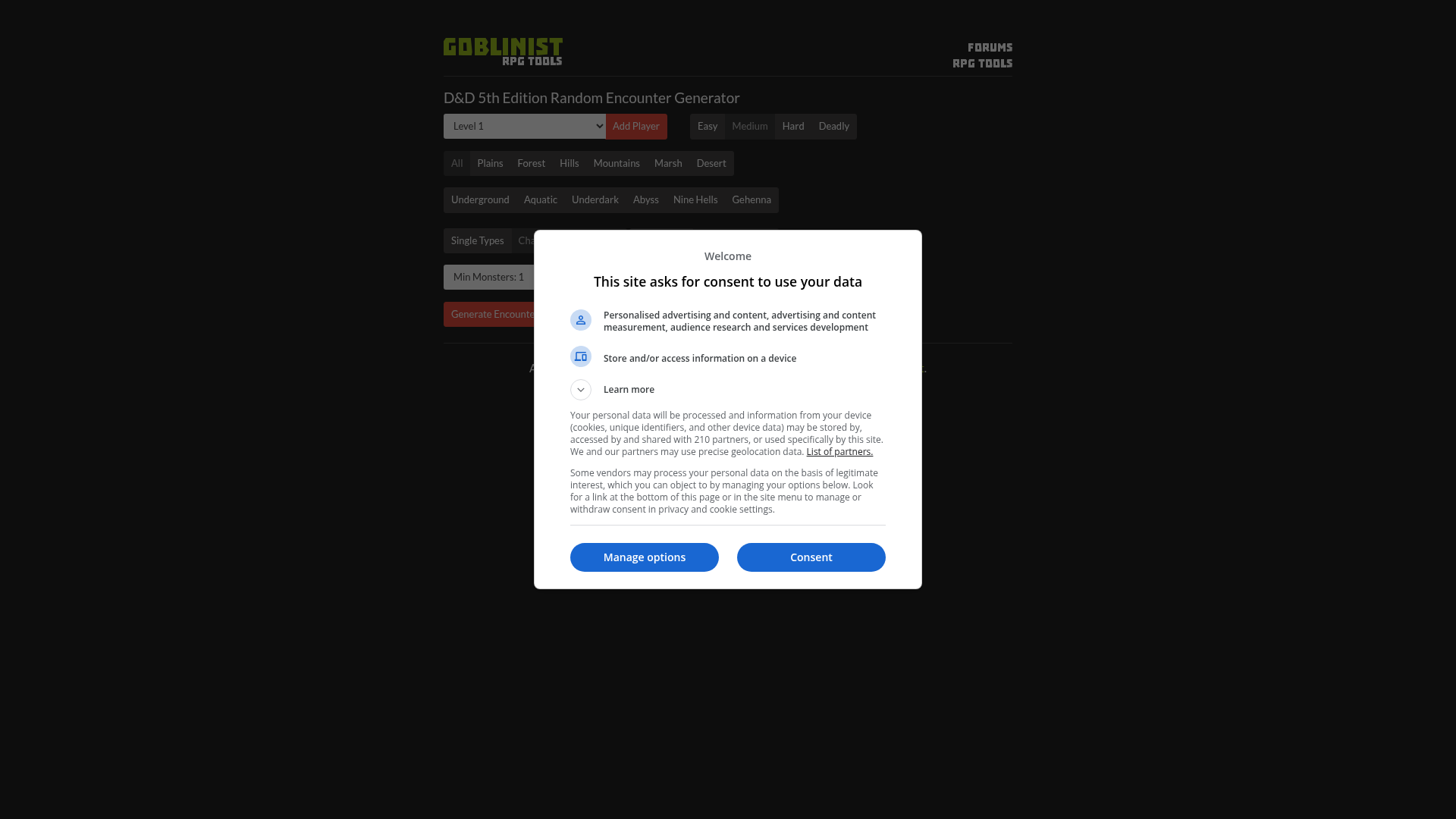 Screenshot of Goblinist 5e Random Encounter Generator