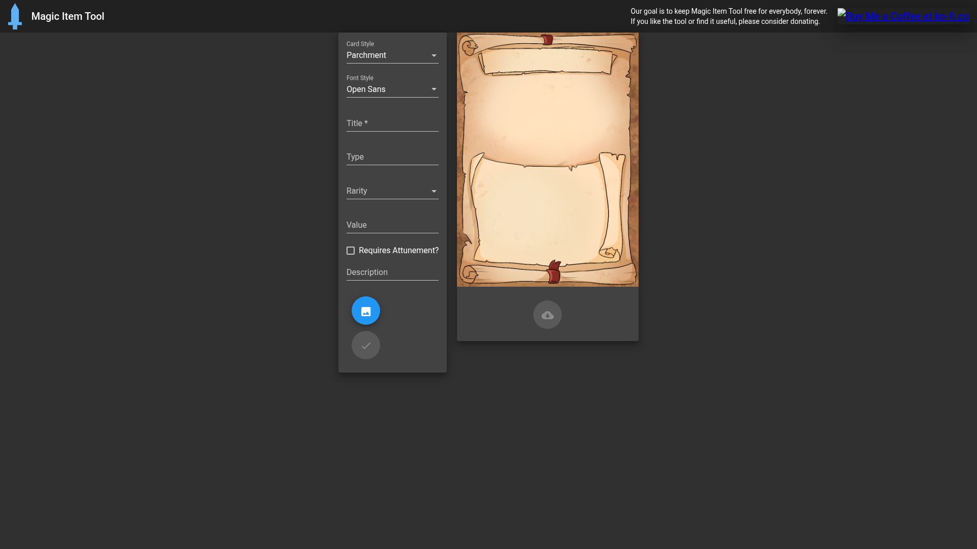 Screenshot of Homebrew Magic Item Creator (magicitemtool.com)