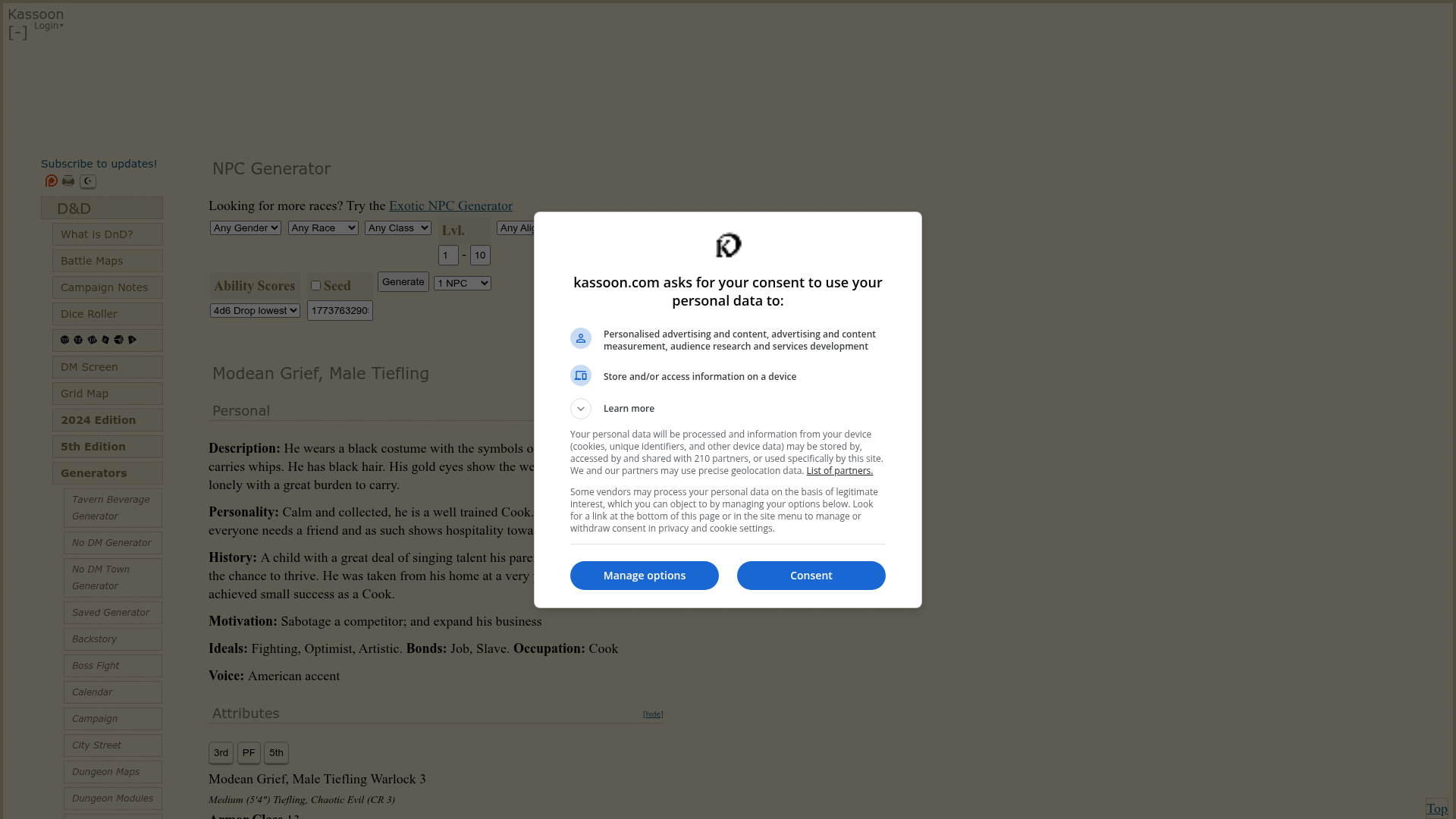 Screenshot of Kassoon NPC Generator
