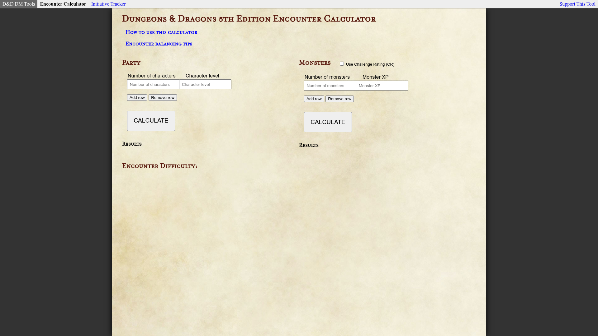 Screenshot of D&D 5th Edition Encounter Calculator