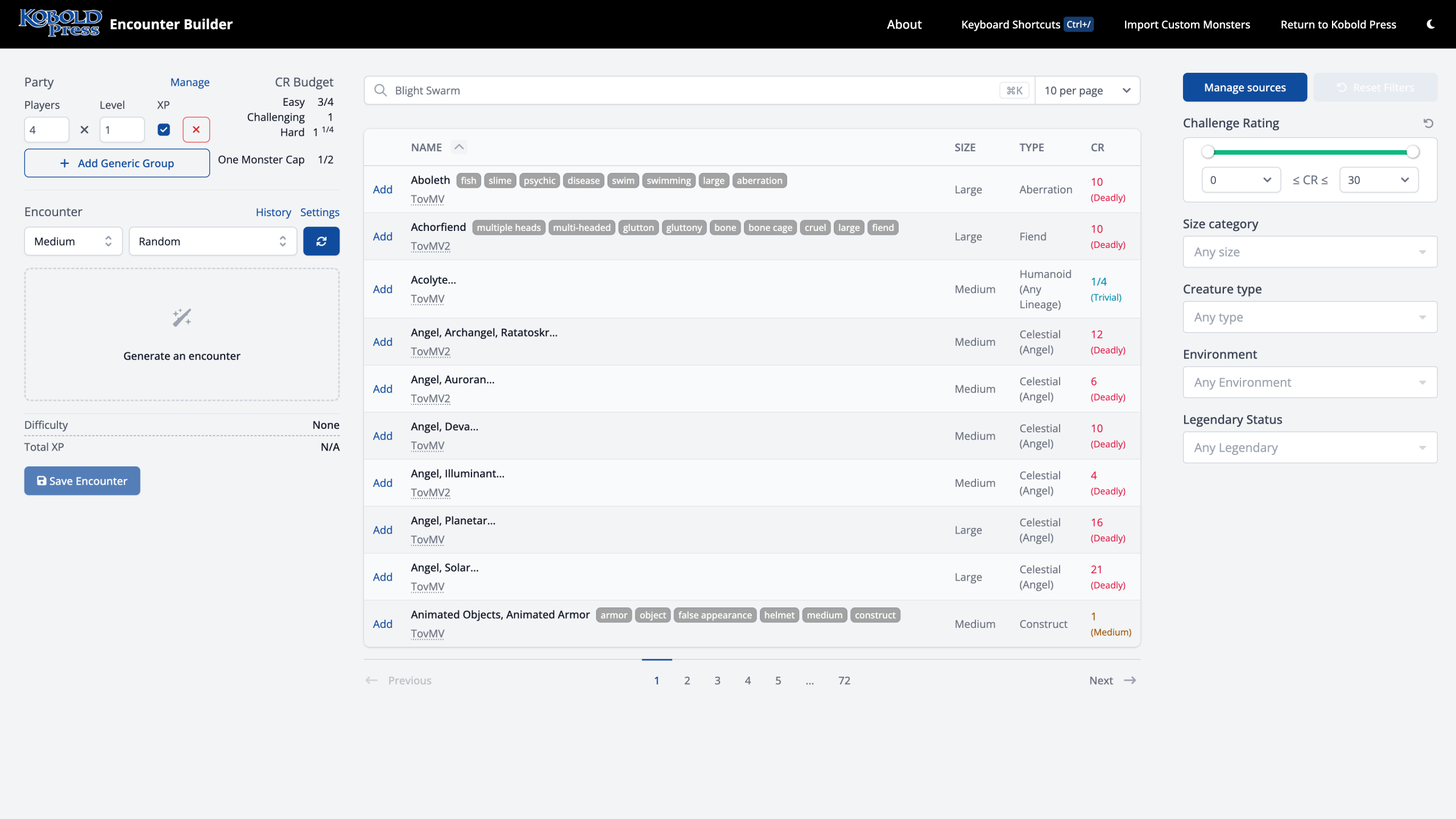 Screenshot of Kobold Press Encounter Builder