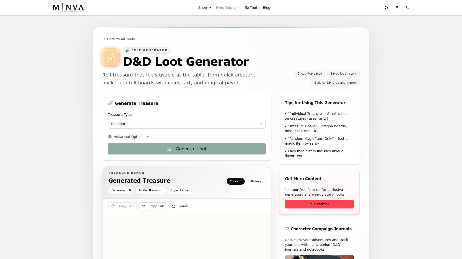 Screenshot of Minva D&D Loot Generator