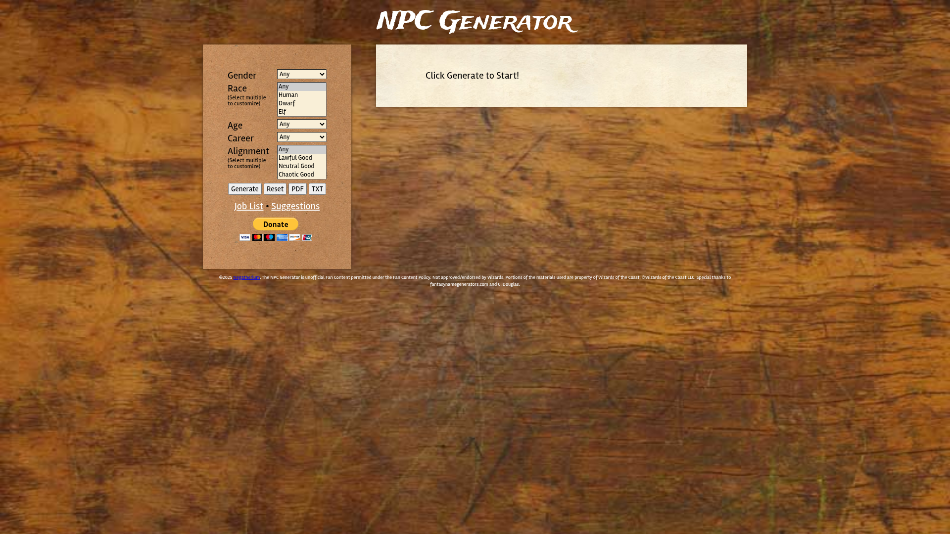 Screenshot of Negatherium D&D NPC Generator