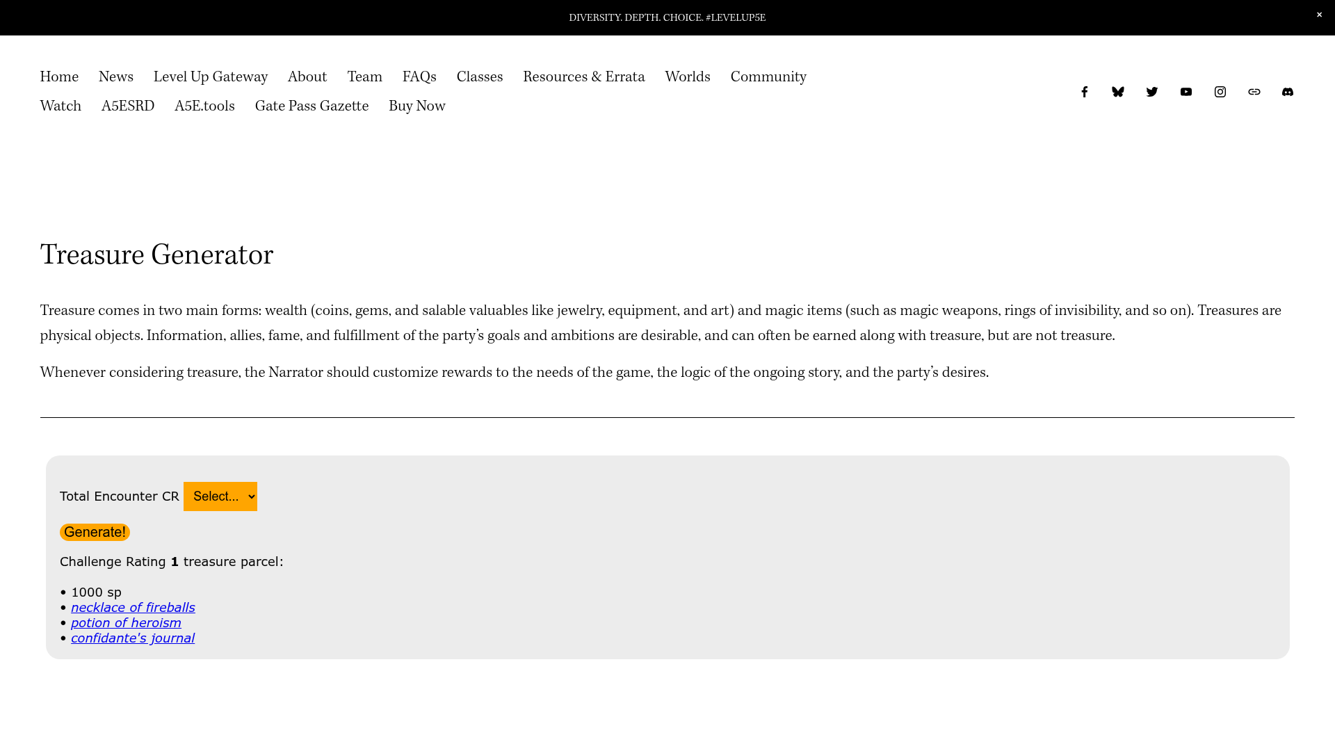 Screenshot of Random Treasure Generator (Level Up A5E)