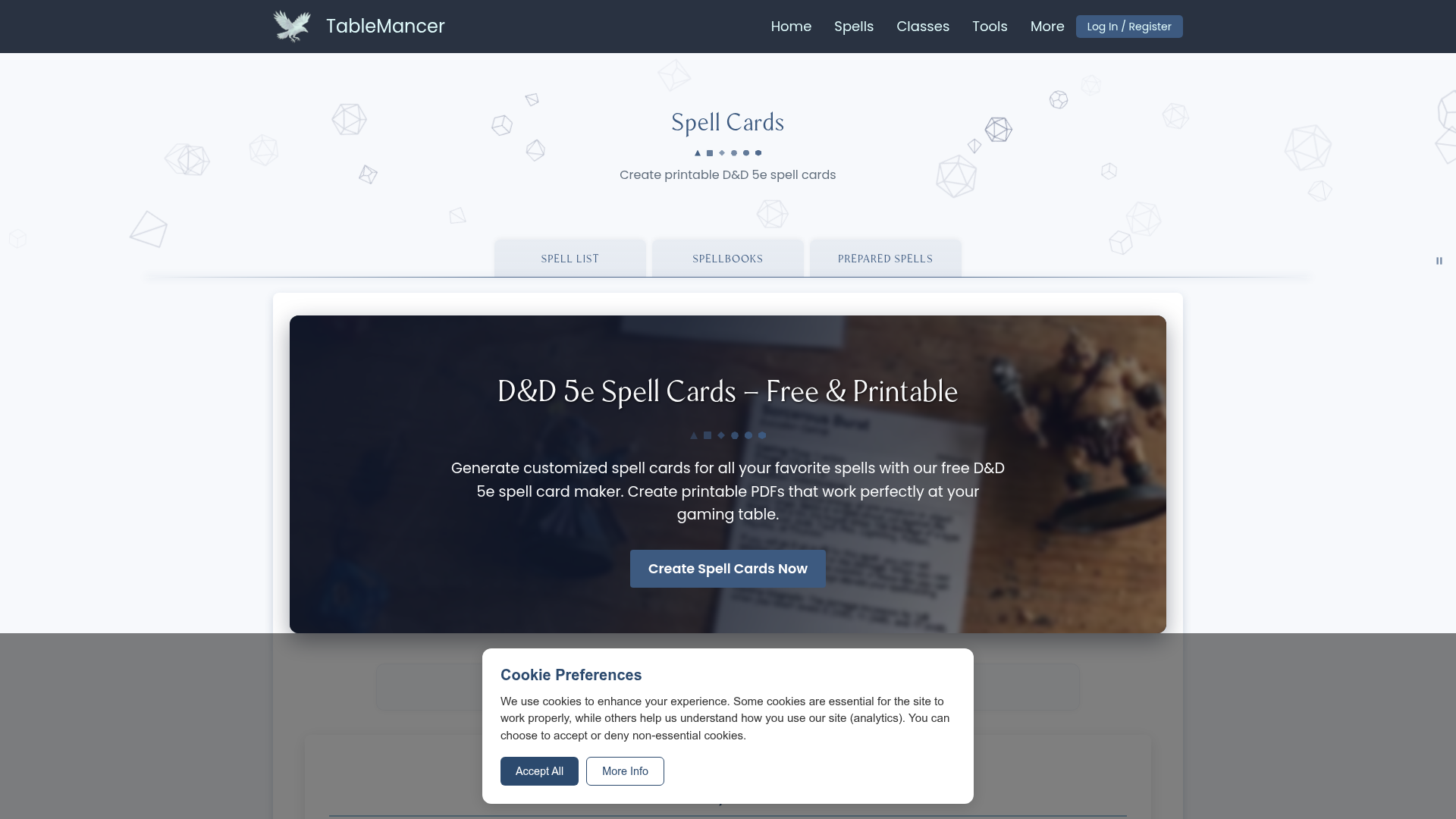 Screenshot of TableMancer Spell Cards